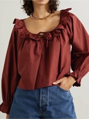 Doen Jules Claret Ruffled Cotton Poplin Tunic Top Womens Small Claret